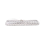 Silver metallic clutch with top handle, horizontal side profile view