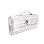 Silver metallic woven clutch with top handle and front clasp, angled view