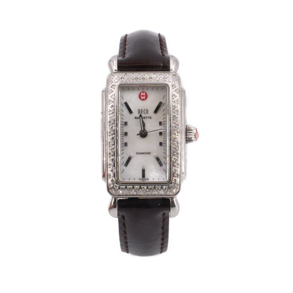 MICHELE Deco baguette diamond watch with rectangular silver bezel and dark brown leather strap