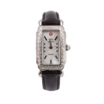 MICHELE Deco baguette diamond watch with rectangular silver bezel and dark brown leather strap