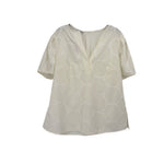 White embroidered blouse top, V-neck, short sleeves, semi-sheer with lace pattern
