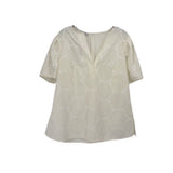 White embroidered blouse top, V-neck, short sleeves, semi-sheer with lace pattern