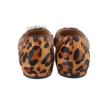 Back view of brown leopard-print fur flats with plush fur around heel