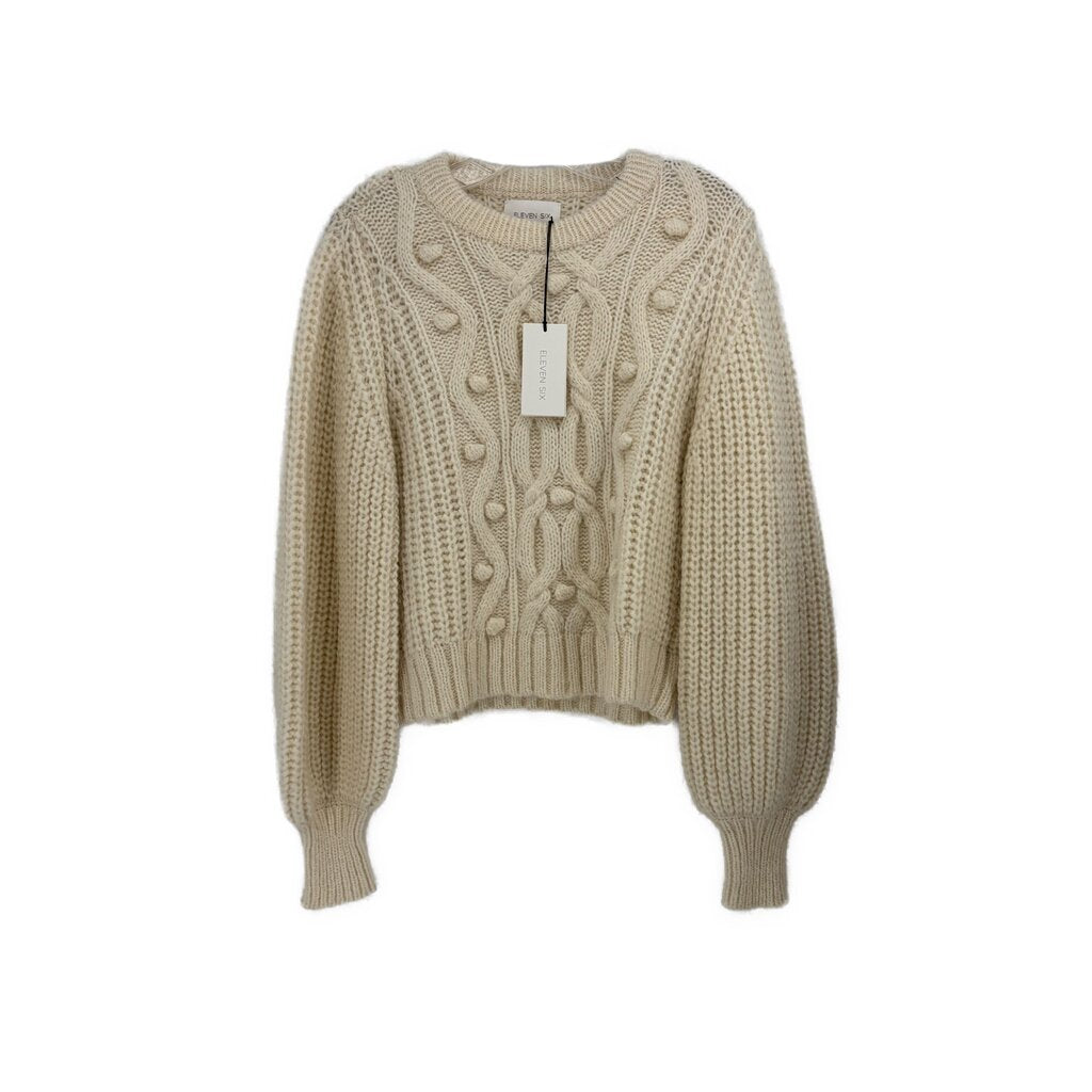 Cream cable-knit crewneck sweater, cropped length, long balloon sleeves