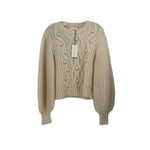 Cream cable-knit crewneck sweater, cropped length, long balloon sleeves
