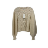 Cream cable-knit crewneck sweater, cropped length, long balloon sleeves