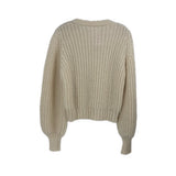Cream cable-knit crewneck sweater, cropped back view, long balloon sleeves