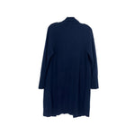 Navy cashmere cardigan back view, long sleeves and round neckline, size tag visible