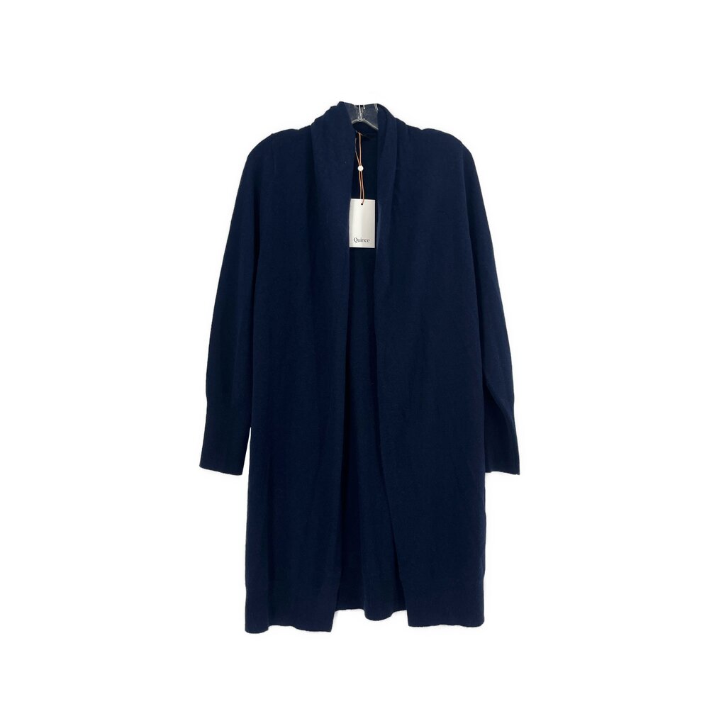 Navy cashmere cardigan with long sleeves and front placket, size tag visible