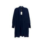 Navy cashmere cardigan with long sleeves and front placket, size tag visible