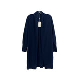 Navy cashmere cardigan with long sleeves and front placket, size tag visible