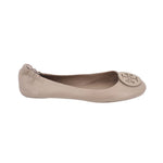 Taupe leather ballet flats with round logo medallion at vamp