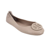 Taupe leather ballet flats with logo cutout detail and round toe