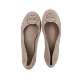 Pair of taupe leather flats, showing padded interior and logo insoles