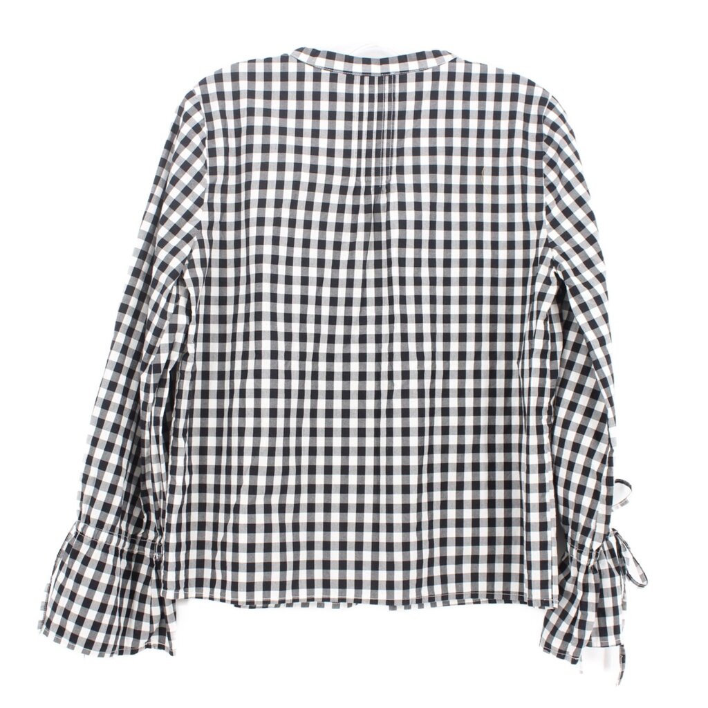Black and white gingham check blouse back with tied sleeve cuffs