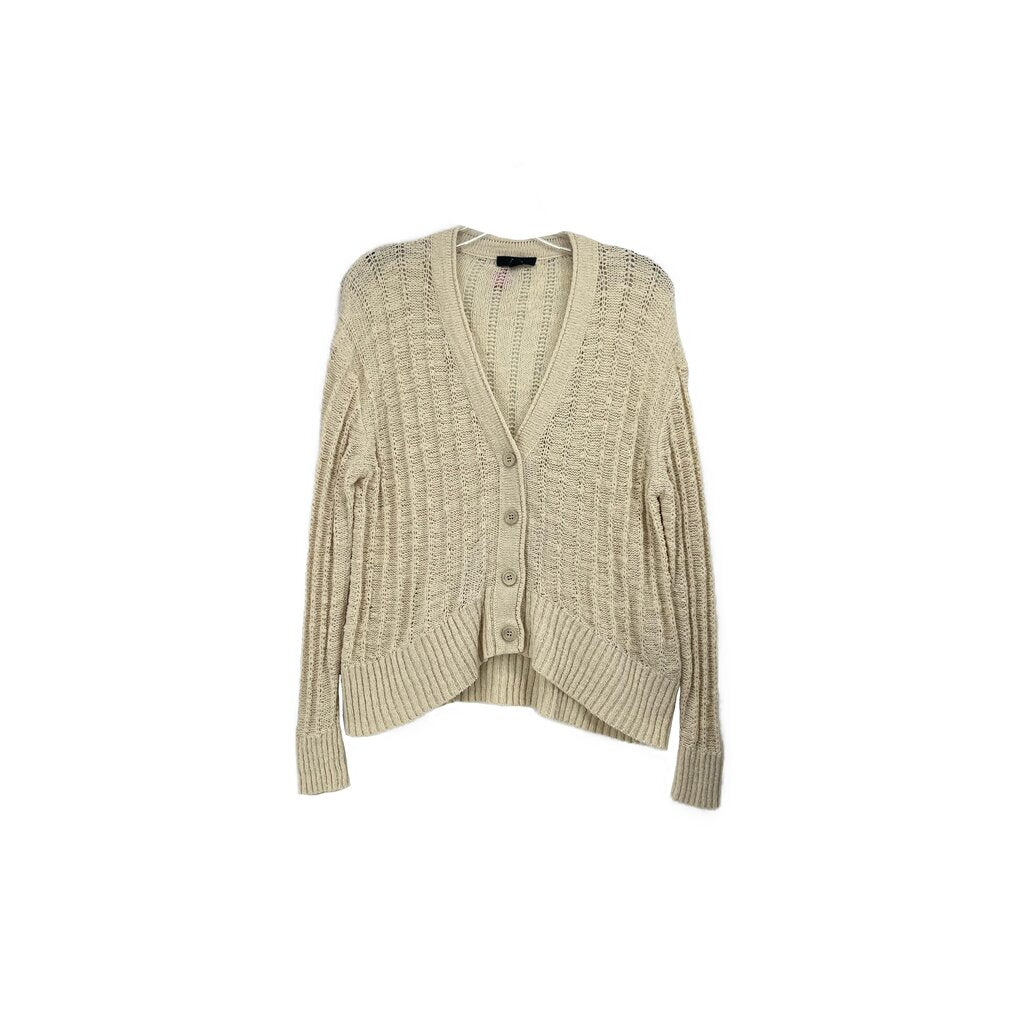 Cream knit cardigan with button front and V-neck, ribbed cuffs and hem