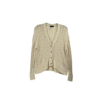 Cream knit cardigan with button front and V-neck, ribbed cuffs and hem