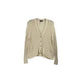 Cream knit cardigan with button front and V-neck, ribbed cuffs and hem