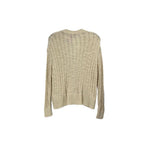 Cream knit cardigan with textured knit pattern and ribbed cuffs; back view