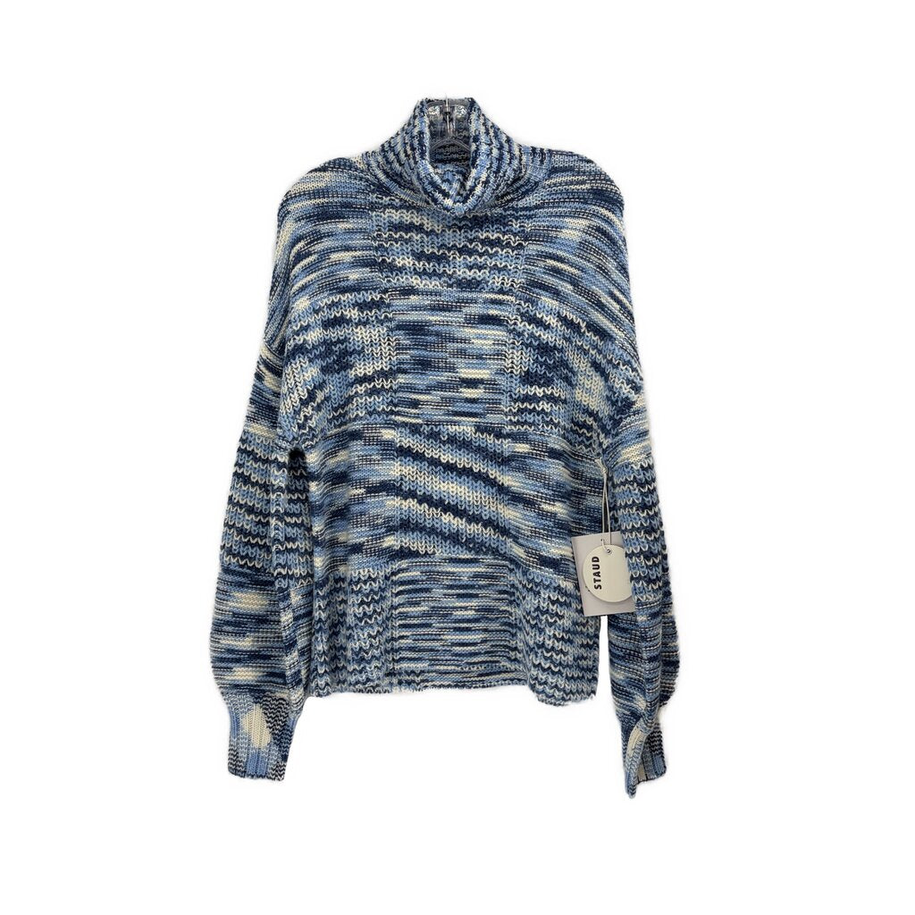 STAUD turtleneck knit sweater, blue and cream striped with ribbed cuffs