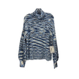 STAUD turtleneck knit sweater, blue and cream striped with ribbed cuffs