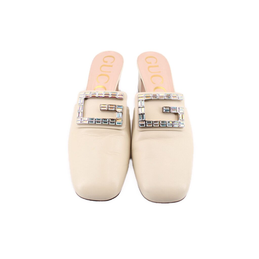 Gucci mule heels pair, light beige with crystal-like square buckle on the vamp