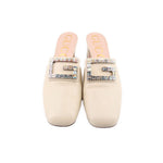 Gucci mule heels pair, light beige with crystal-like square buckle on the vamp