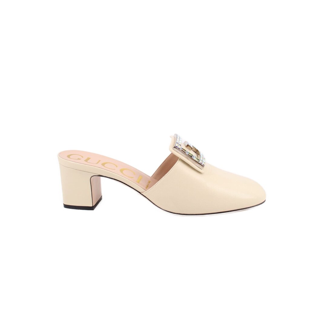 Gucci mule heels light beige with jeweled front buckle detail and block heel