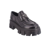 Black leather loafer with PRADA logo and chunky lug sole block heel