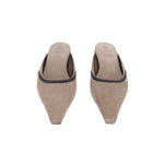 Pair of suede slip-on flats with dark elastic trim and pointed toe, flat sole