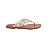 Flat thong sandals with checkerboard fabric strap and tan leather sole