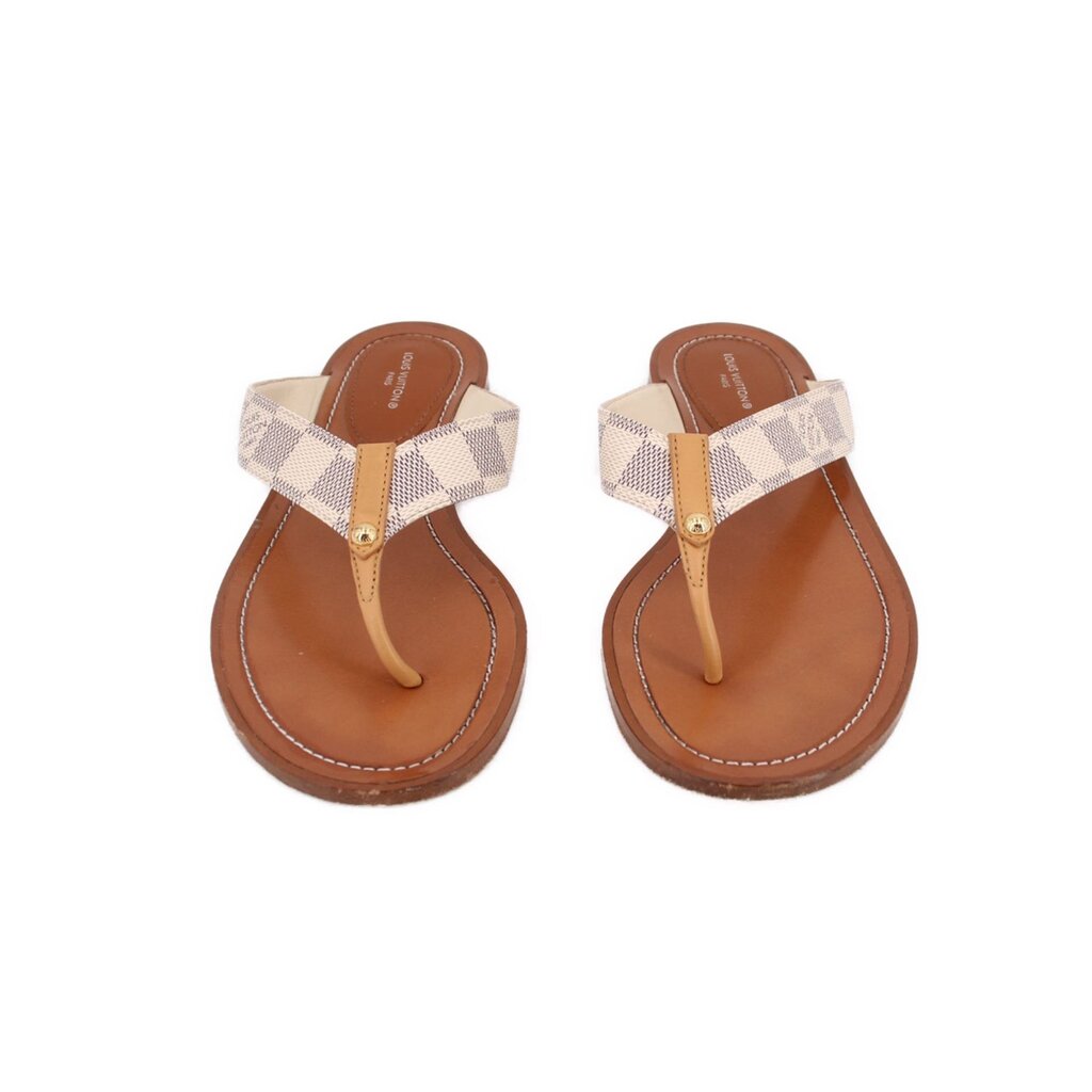 Pair of flat thong sandals with tan leather toe loop and checkerboard strap