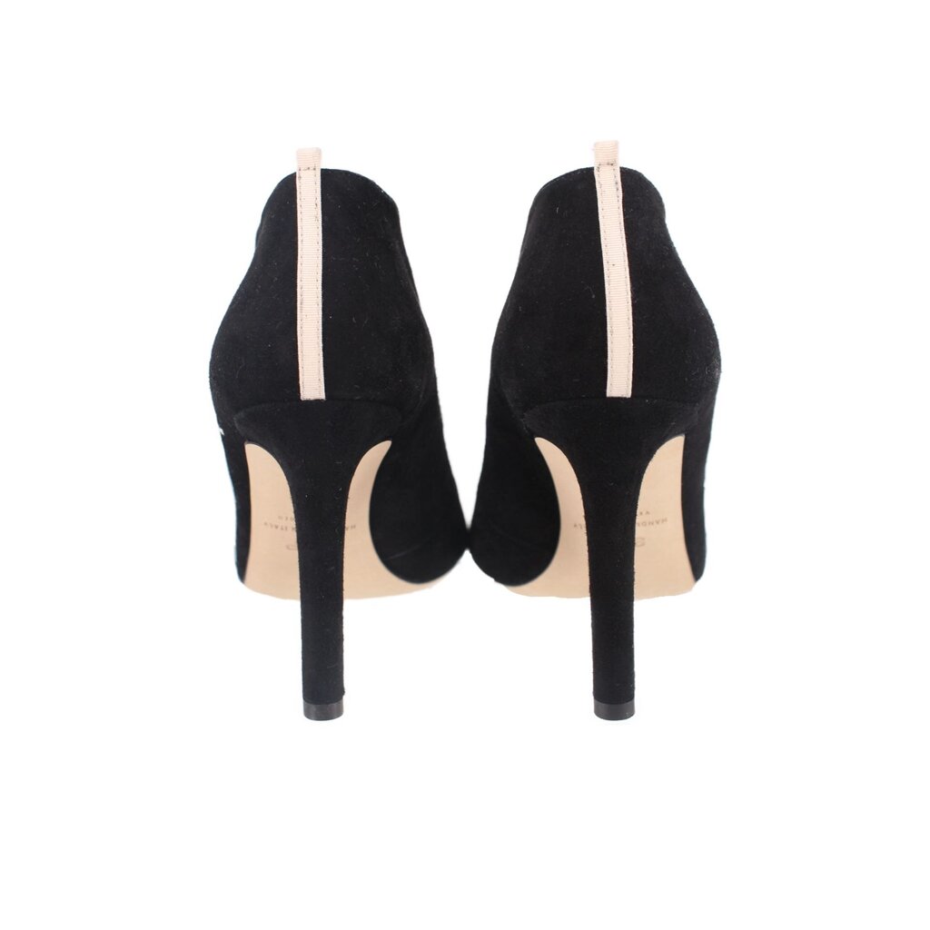 Black suede heeled booties, back view with stiletto heel and light elastic pull tab