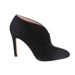 Black suede pointed-toe heeled bootie, stiletto heel and side opening