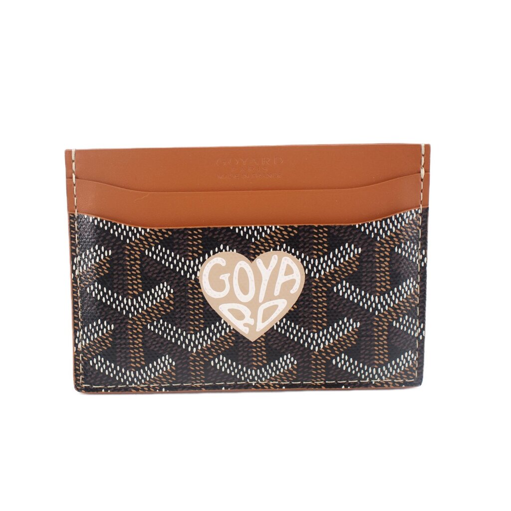 Brown card case wallet with Goyardine monogram canvas and leather top