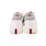 America's Cup sneakers, rear view with white heel counters and red vertical accents