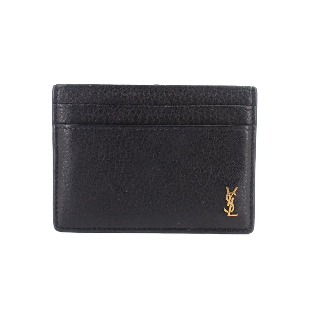 YSL card case wallet in black leather with snap front and gold YSL logo