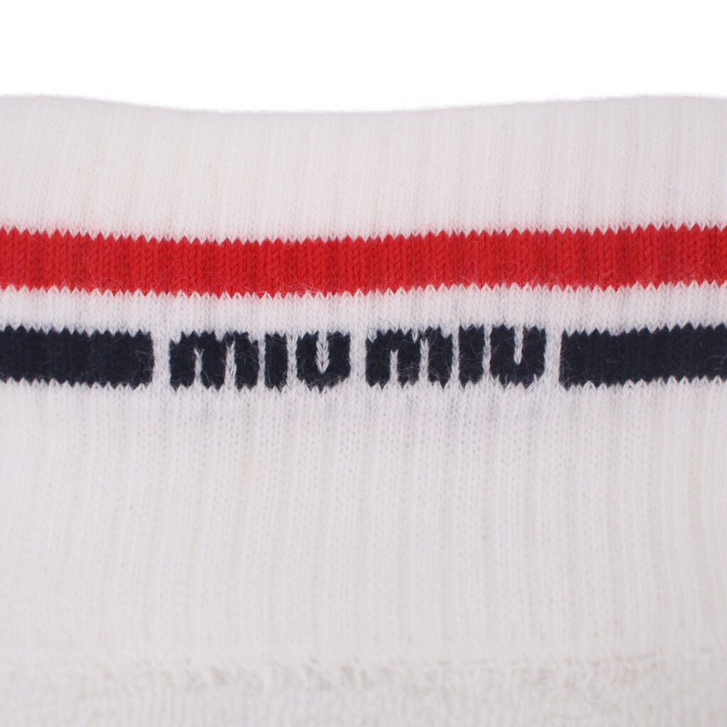 MIU MIU striped sock cuff with red band, navy trim, logo
