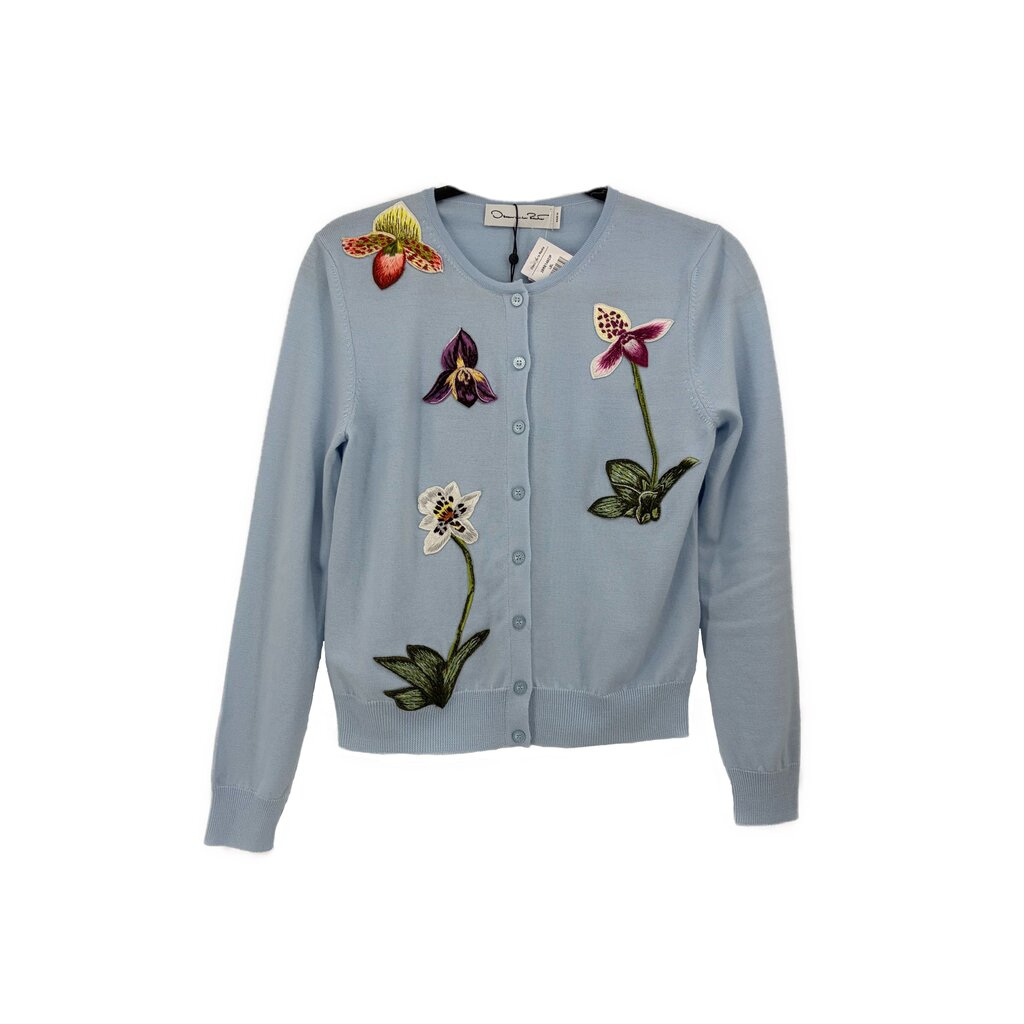 Light blue cardigan sweater with button front and colorful embroidered flowers