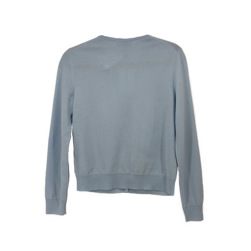 Light blue cardigan sweater, plain back view