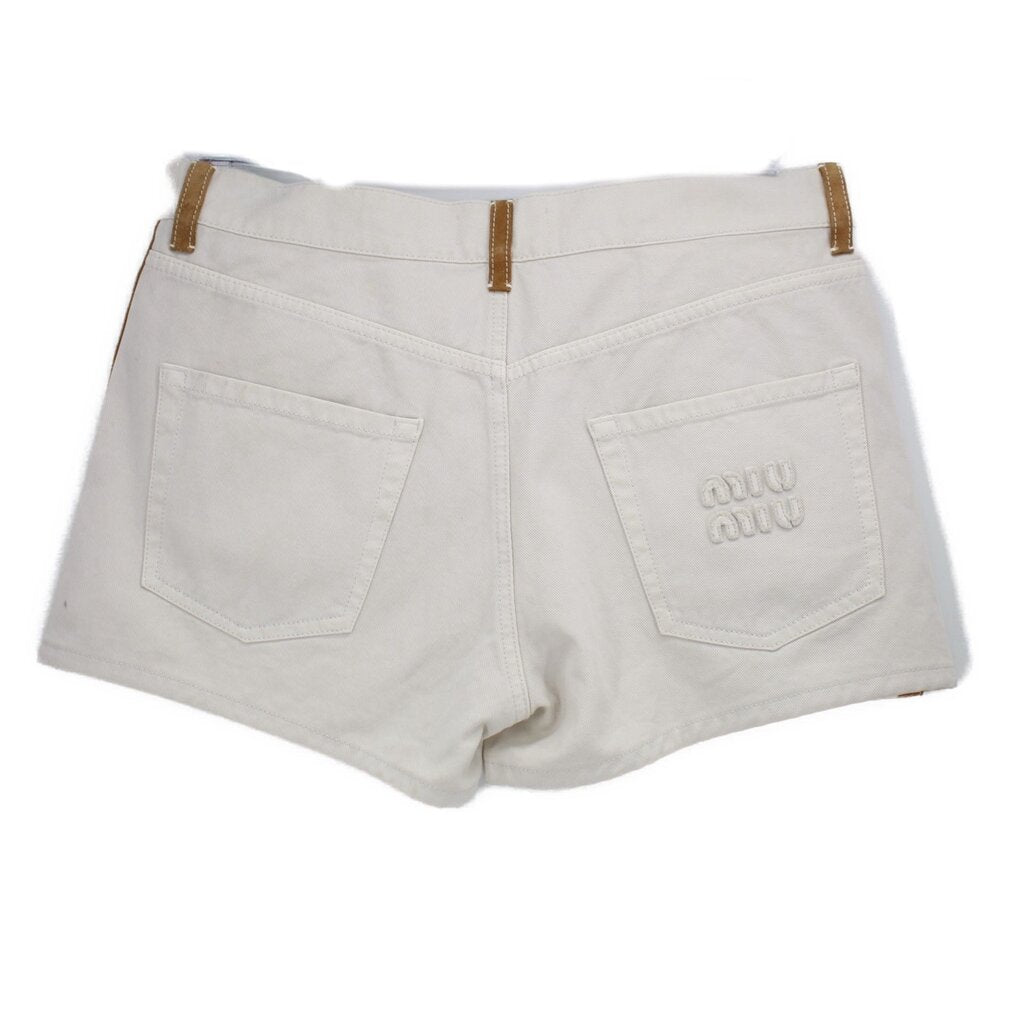 MIU MIU khaki shorts with tan-trim back pockets and stitched logo