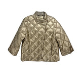 Gold quilted puffer down jacket with stand collar and diamond stitching