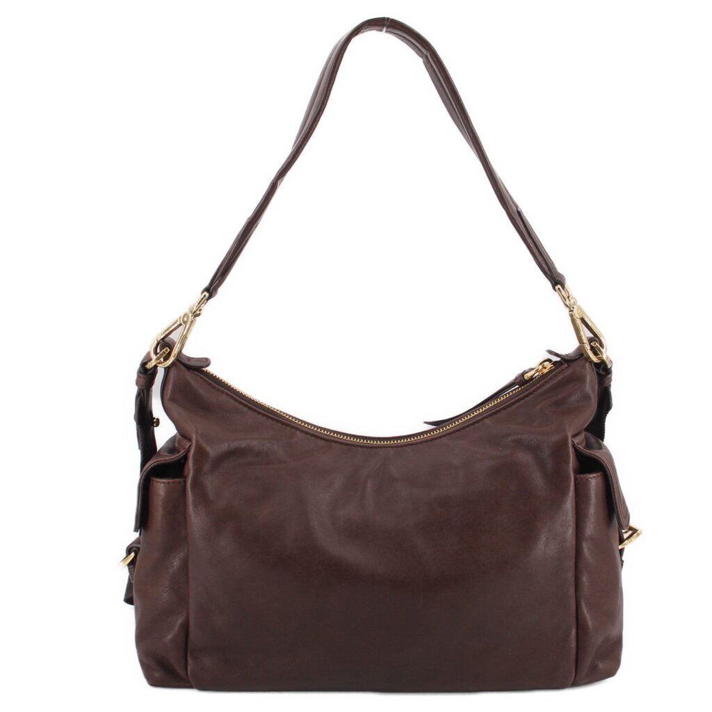 Prada Explorer crossbody bag in brown with curved hobo shape and zip-top opening
