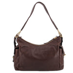 Brown PRADA crossbody hobo bag with curved top opening and gold-tone side hardware