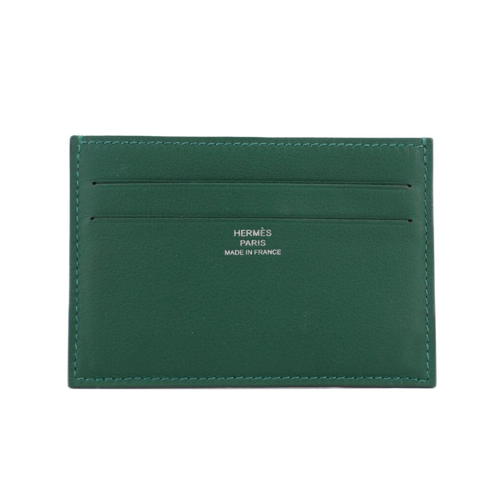 HERMES card case wallet in green leather with top card slot and stitched edges