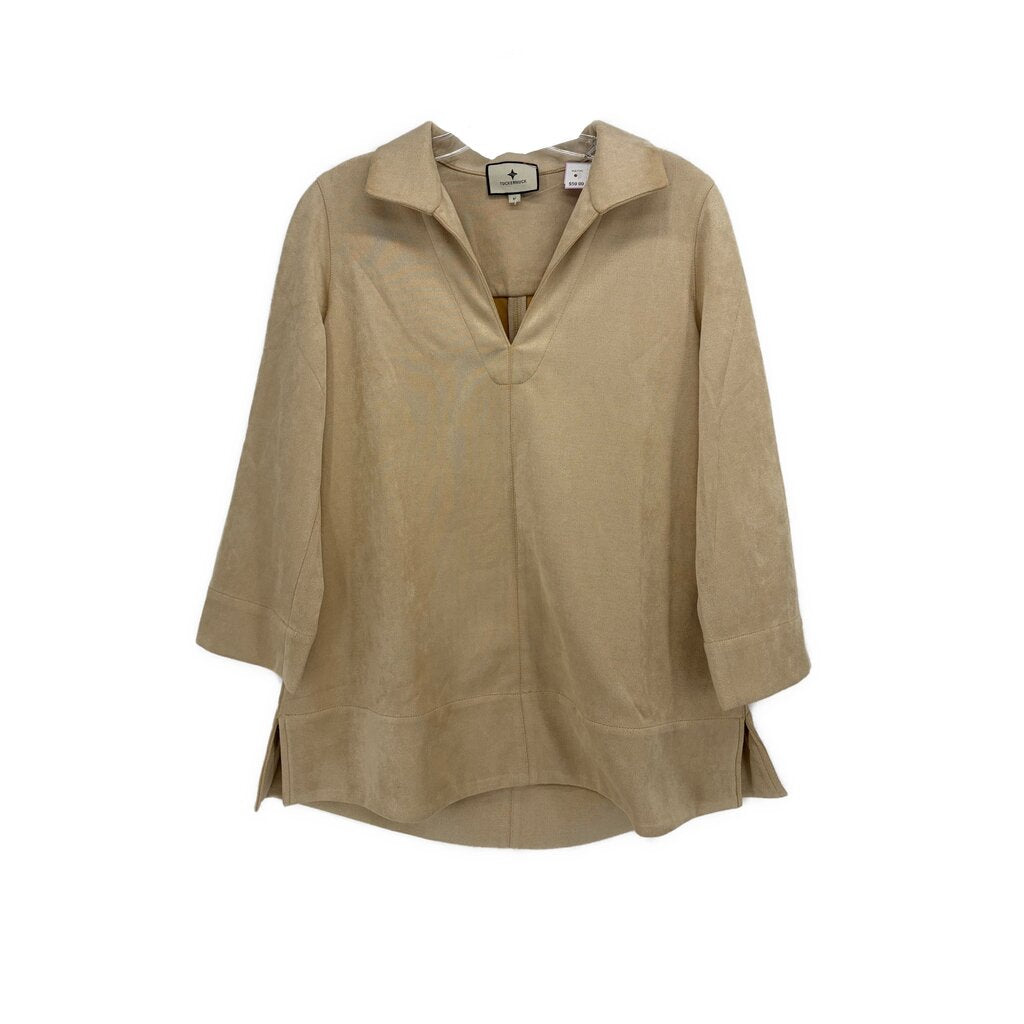 Tan 3/4 sleeve collared top with V-neck and partial button placket