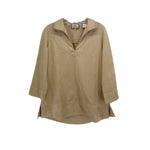Tan 3/4 sleeve collared top with V-neck and partial button placket