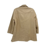 Tan 3/4 sleeve collared top, back view with yoke seam and straight hem