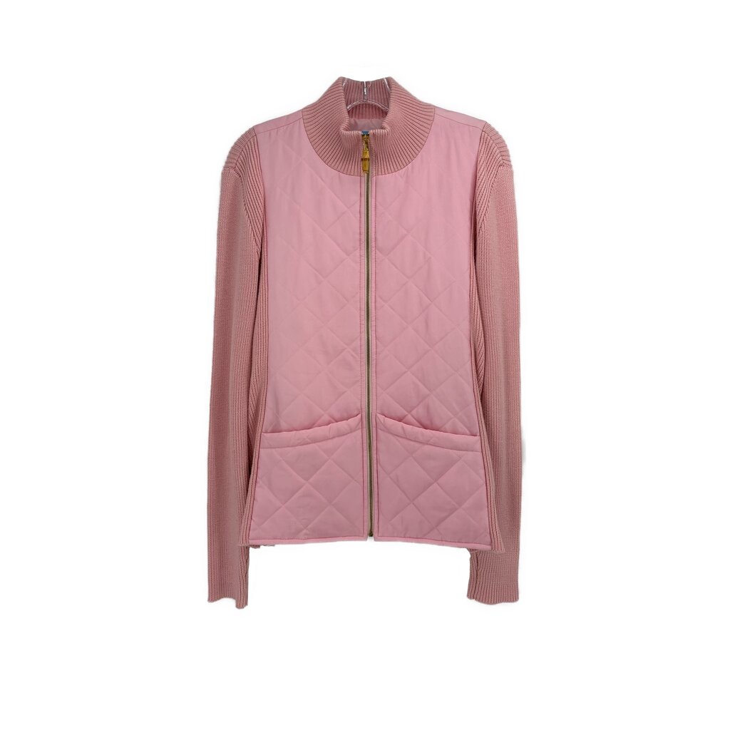 Pink quilted jacket with full-zip front, ribbed stand collar and cuffs