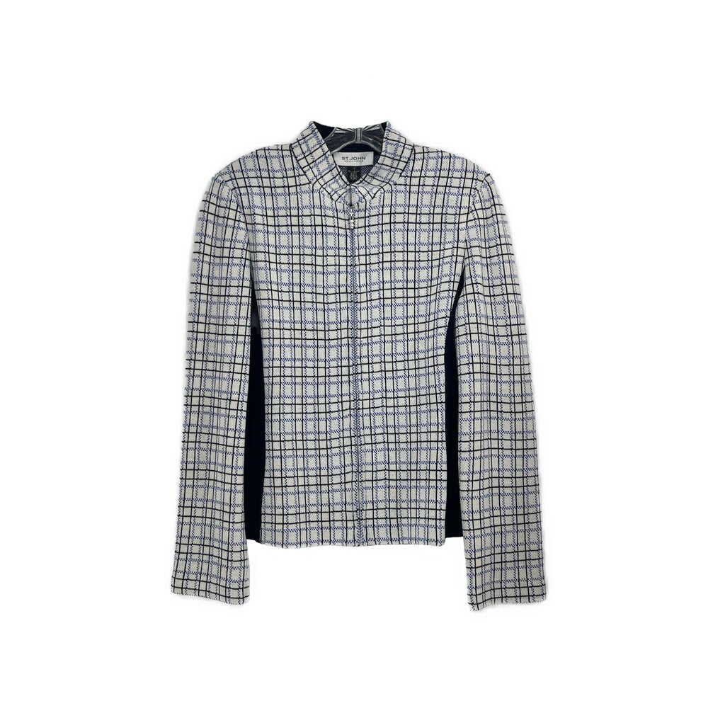 Plaid jacket with button-front and collar, black/blue checks, long sleeves